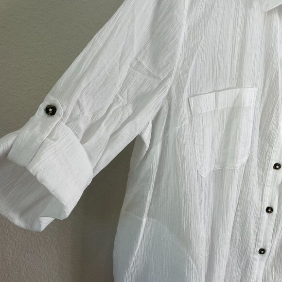 Coldwater Creek Womens Petite Large White Button Up Shirt Roll Tab Sleeve Pocket - Picture 10 of 11